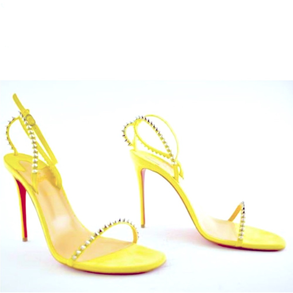 Sexy✨Christian Louboutin Yellow So Me 100 Citronnade Spike Ankle Strap Stilettos